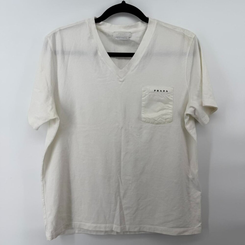 PRADA short sleeve V-neck T-shirt in classic off-white Large